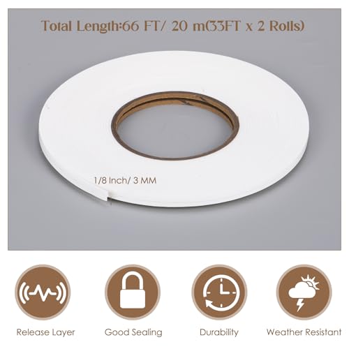Image of Tatuo 2 Rolls Double Sided Foam Tape PE Foam Tape Sponge Soft Mounting Adhesive for DIY Craft Picture Poster Hanging(1 /8 Inch by 33 Feet,White)