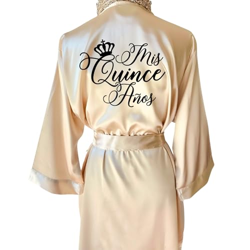 Custom Glitter Satin Robe with Crown, Tiara, or Butterfly Symbol for Quinceañera, or Mama de Quinceañera, Mis Quince Años, Damas Hair and Makeup Getting Ready Outfit, Batas de XV, 15th Birthday Gift