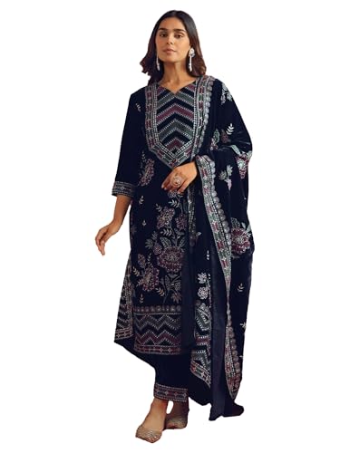 Image of INDO ERA Women's Velvet Floral Embroidered Straight Kurta & Pant with Dupatta Set (IESTR12390)