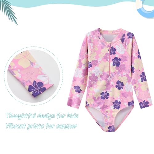 Image of Girls One Piece Rash Guard Long Sleeve Swimsuits for Girls UPF 50+ Sun Protection Bathing Suits 3-16 Years