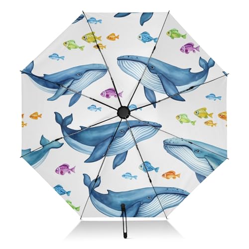 UV-Blocker-Regenschirm, kompakt, für Reisen, zusammenklappbar, schwarz, Golfschirm, automatisch, für Sonne, Regen, Reisen, Blau, Aquarell, Wale, Weiß