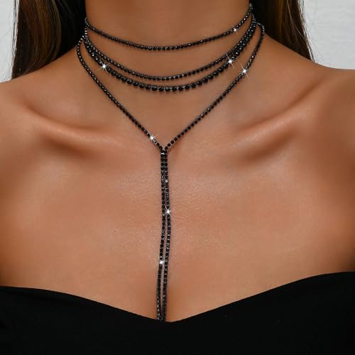 Boho Fashion Y Long Neckalce Prom Shinny Black Silver Rhinestones Choker Necklace Dainty Layered Sexy Choker Necklace Black Halloween Christmas Necklace for Women 4 Tier2