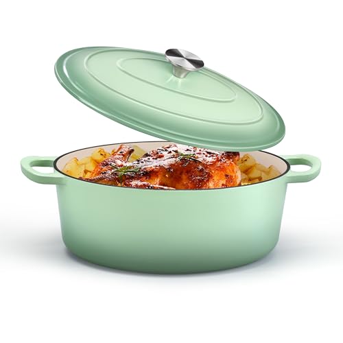 P&P CHEF Oval Dutch Oven with Lid Enameled Cast Dutch Oven Pot for Bread Baking Braising Stewing Roasting Non-Stick & Oven Safe Dual Handles & Easy Clean 5QT & Pistachio Green Valentines Day