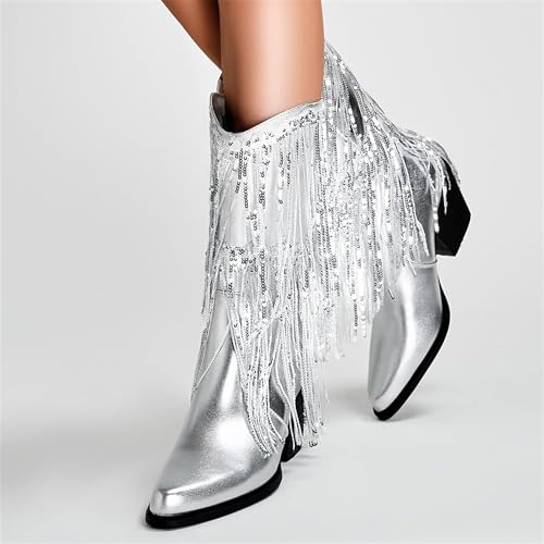 women's thick-heeled pointed toe western booties Ladies tassels fashionable boots2