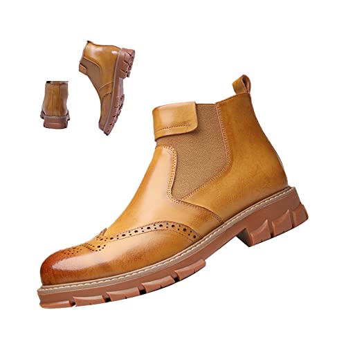MOYOWEI Men's Leather Dress Chelsea Boots,Classic Carving Floral Wingtip Block Slip on Casual Business Oxford Ankle Booties