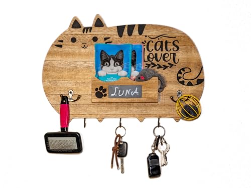 Emotiset Perchero Organizador para Gatos Ordena los Accesorios de tu Gato. Personalizable con Pizarra, Color Madera.