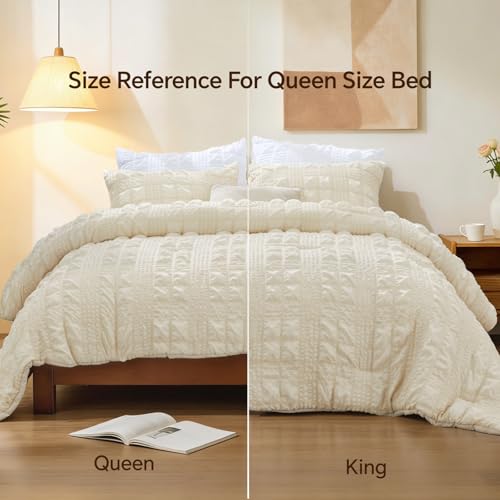 Image of BEDELITE King Size Comforter Set, Seersucker Bedding Set 3 Pieces, Cream | All Season Use, Machine Washable, Soft and Lightweight, Ruched Comforter for Bedroom, Wrinkle-Resistant, Cozy and Stylish