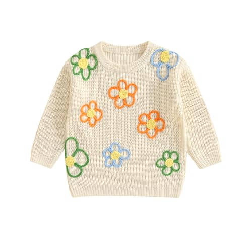 Karwuiio Little Girls Knit Sweaters Long Sleeve Round Neck Flower Embroidery Pullover Knitwear