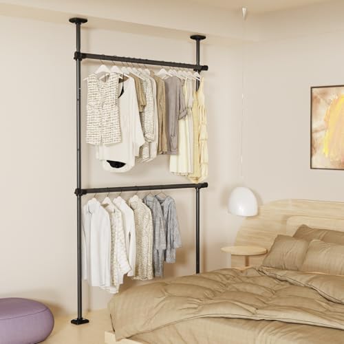 WELDUN Teleskop Kleiderstange Verstellbar Kleiderschrank Kleiderstange Raumteiler Paraventgestell Gardinenstangen Ohne Bohren 227-312cm (H) 71-138 cm (W) Schwarz