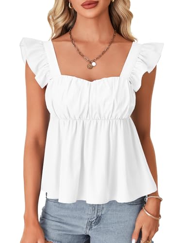 Rooscier Women's Square Neck Ruffle Cap Sleeve Ruched Peplum Babydoll Blouse Tank Tops2