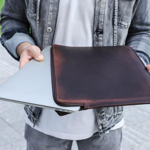 Image of CONTACTS Crazy Horse Leather 15.4 inch Laptop Case Slim Laptop Sleeve Briefcase | Compatible with MacBook Pro 15 inch Large Document Bag for Men Notary Bag by Handmade