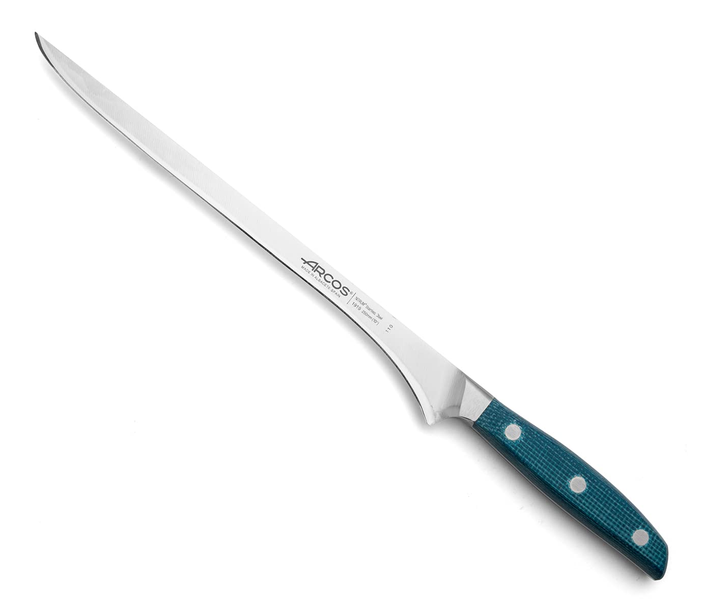 Arcos Couteau à Jambon Forgé avec Lame de 250 mm – Poignée en Micarta et Bord en Soie Spéciale, Plus Grand Confort et Résistance – Argenté, Série Brooklyn, Couleur Bleue