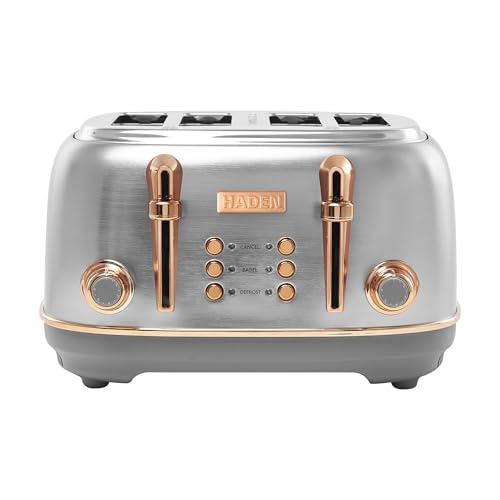Haden Heritage 4 Slice Wide Slot Stainless Steel Toaster with Adjustable Browning Control & Non-Slip Feet, Steel & Copper