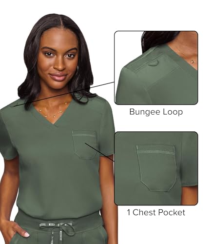 Image of Med Couture Women's V-Neck Scrub Top, Modern Fit Tuck-in Top with Stretchy Rib-Knit Shoulders and Chest Pocket - MC7448