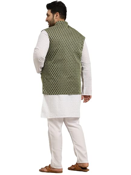 Sojanya Men's Pure Cotton White Chikankari Kurta & Silk Blend Nehrujacket With White Churidaar Pyjama Set2