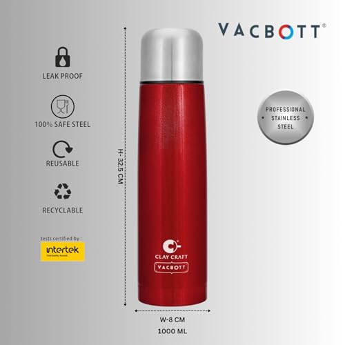 Image of Clay Craft VACBOTT Terra Double Walled 18 Hours Hot and 24 Hours Cold Water Bottle-1000ML, 2-Piece(Red) Leak Proof|Easy to Carry|Gym Bottle|Home|Kitchen|Hiking|Travel Bottle|BIS Certified