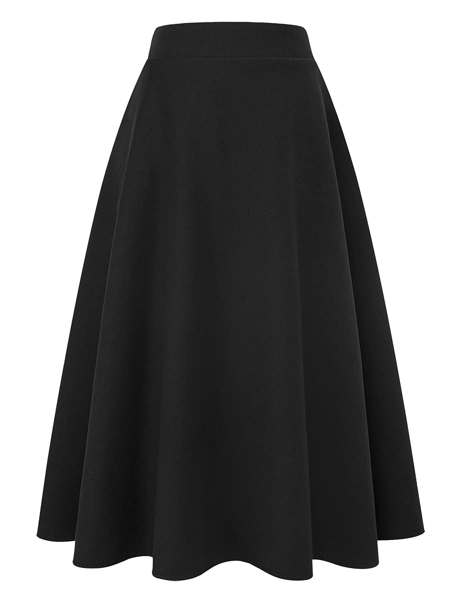 IDEALSANXUN Womens Plaid Wool Skirts Elastic Waist A-Line Pleated Tartan Long Skirts: X-Small Long Pure Black