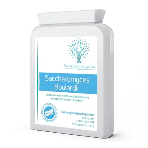 Swiss Bioenergetics Saccharomyces Boulardii 5 Milliarden CFU 90 Kapseln - Hochwirksame Nicht Kolonisierende Hefe mit Synergistischem Olivenblatt Biotin und Vitamin D3 - Keine Kühlung Erforderlich
