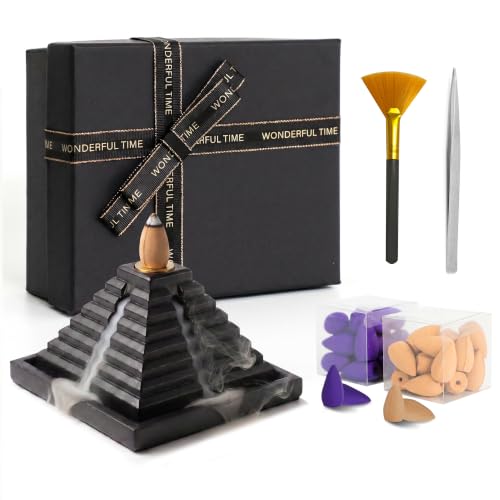 Begcel Pyramid Backflow Incense Burner with 40 Cones, Black Handmade Cement Waterfall Incense Cone Holder Gift Set, Lavender & Sandalwood Cones, for Meditation & Home Decor