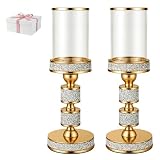 Dounx Hurricane Candle Holder, 13.5' Tall Metal Candle Stand, Glass Pillar Candle Holders, Crystal Gold Decorative Centerpieces for Table, Wedding and Dining Room (Fits Candles up to 3'x5', 2pcs, M)