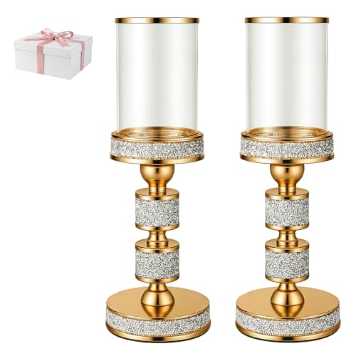 Dounx Hurricane Candle Holder, 13.5" Tall Metal Candle Stand, Glass Pillar Candle Holders, Crystal Gold Decorative Centerpieces for Table, Wedding and Dining Room (Fits Candles up to 3"x5", 2pcs, M)