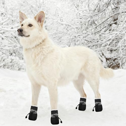 Hundeschuhe Winter, Plüsch Hundeschuh Pfotenschutz, Rutschfest Hunde Schuhe Winter Outdoor, Dog Shoes mit Reflektierendem Streifen, für Kleine-Mittlere Hunde Sport im Freien (Schwarz-Size 5)