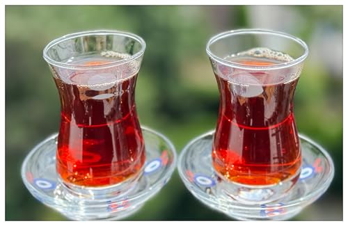Topkapi Service à thé turc Melika-Sultan - 12 pièces - 6 verres à thé et 6 soucoupes avec Nazar/Mavi Boncuk - Verres à thé turcs - Soucoupes avec œil bleu - Emballage sûr - Pour 6 personnes