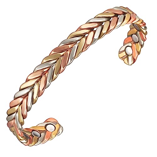 EnerMagiX Bracelets magnétiques en cuivre pour femme, 16,5 cm, bracelet tressé tricolore
