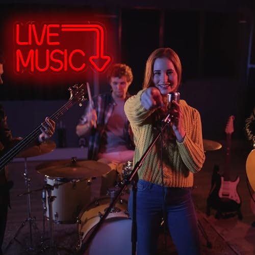 Image of Live Music Neon Sign for Music Studio Record Wall Decor Led Light Up Sign Accessories Red Words Neon Sign