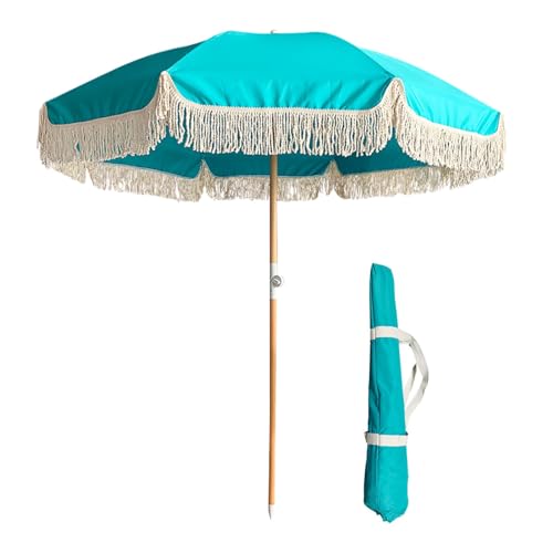 Sombrilla de playa impermeable de 200 cm con flecos, protección UV 50+, portátil, diseño inclinable, 8 varillas resistentes, incluye bolsa de transporte para un fácil transporte