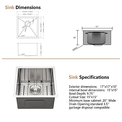 17" Undermout Bar Sink - Dcolora 17 X 17 Inch Stainless Steel Bar Prep Sink With Round Corner X Grooves 16 Gauge Single Bowl Rectangular Rv Camper Kitchen Sink Under Counter Utility Basin #TOP4