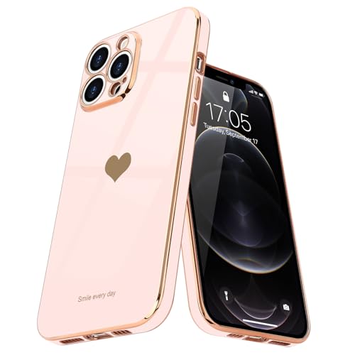 Teageo for iPhone 12 Pro Max Case for Girl Women Cute Love-Heart Luxury Bling Plating Soft Back Cover Raised Camera Protection Bumper Silicone Shockproof Phone Case, Light Pink
