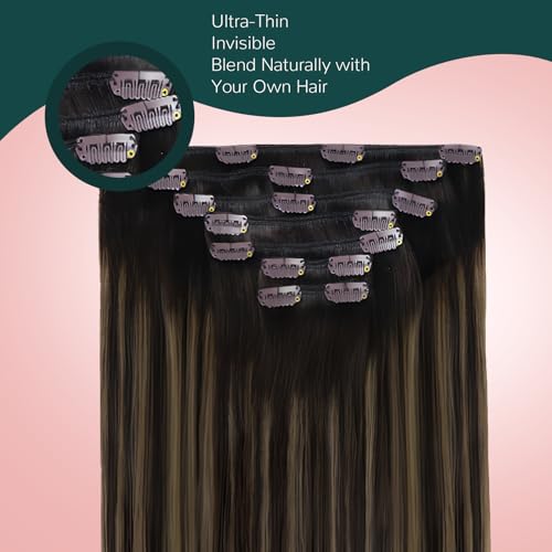 Image of Easyouth Balayage Clip in Hair Extensions, 18 Inch 7pcs 120g, Hair Extensions Clip ins, Ombre Dark Brown to Brown, Remy Hair Clip Extension for Women, Easy to Apply, for First-Time Users