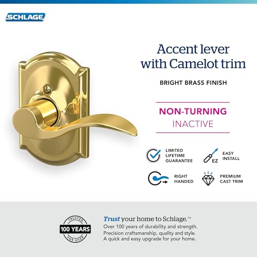 Image of SCHLAGE Accent Lever with Camelot Trim Non-Turning Lock in Bright Brass - Right Handed - F170 ACC 605 CAM RH
