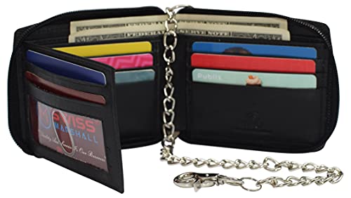 Men's Zipper RFID Blocking Premium Leather Zip-Around ID Bifold Biker Chain Wallet (Black)3