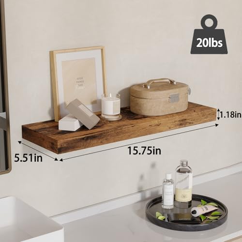 Fixwal 15.8in Wall Shelves, Rustic Wood Finish Floating Shelves Set of 4, Shelves for Wall Decor, with Invisible Brackets for Bathroom, Living Room,Bedroom and Kitchen(Rustic Brown) - Image 4