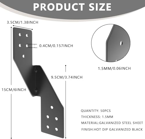 Image of 50pcs 16-Gauge Thick Hurricane Straps, Black Powder-Coated Rafter Ties | Heavy Duty Left Rafter Brackets, Strong Hurricane Clips, Tie Brackets for House, Roof Trusses, Shed, Building (Left)