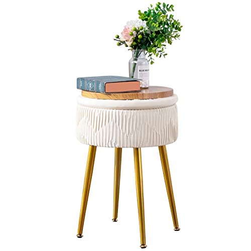 White Storage Ottoman Foot Rest, Velvet Round Ottoman Coffee Table Vanity Stool Makeup Chair with Tray Top and Storage Small Footrest w Gold Bench Metal Legs Footstool for Living Room Bedroom