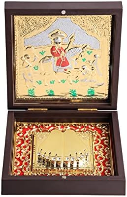 JSK ARTS 24K Gold Plated Ramdev Pir Maharaj Charan Paduka | God Photo Frame for Home & Temple | Devotional Prayer Box | Wooden Momento With Decorative Showpiece Box Packing | Diwali Gift Puja Articles
