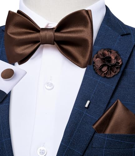 Image of DiBanGu Satin Bow tie Self-Tied Bowtie Set for Men Wedding Prom | Solid Color,Skin-Friendly,Versatile Accessory,Lapel Pin,Pocket Square,Cufflinks,School Dance,Banquet,Dinner,Celebration