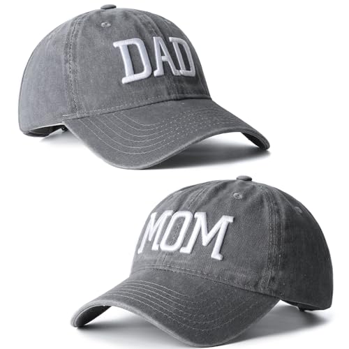 Image of Mom Dad Embroidered Baseball Caps Set of 2 Adjustable Couples Cotton Hats | Soft cotton matching caps with premium embroidery and adjustable fit, perfect for couples, parents, family photos and gifts.
