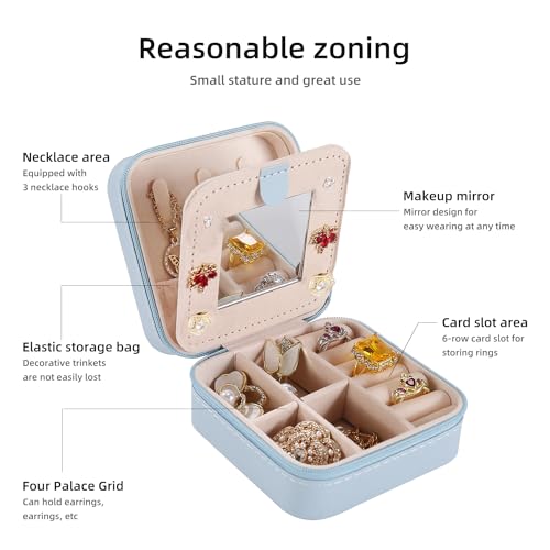 Image of KElofoN Travel jewelry case Travel jewelry box Travel Jewelry Organizer Small Jewelry Organizer Box for Girls Women with Mirror (Sky blue-5)