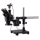 AmScope 7X-135X Black Trinocular Stereo Zoom Microscope on Single Arm Boom Stand + 144 LED Compact Ring-Light with USB2.0 5MP Camera