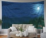 N / A Tapisseries Bleues, Tapisserie Murale Suspendue pour D & Eacute; cor Salon dortoir forêt de sapins dans Les Montagnes vallonnées avec prairies à la Nuit étoilée au Clair de Lune