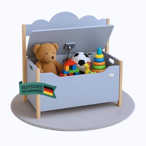 Coemo Spielzeugtruhe mit Sitzbank Holztruhe Grau Trudi 60×26×55 cm Kinderzimmer Bank mit Stauraum Spielzeugkiste mit Sicherheitsscharnier kindgerechte Sitzhöhe dekoratives Wolken-Design