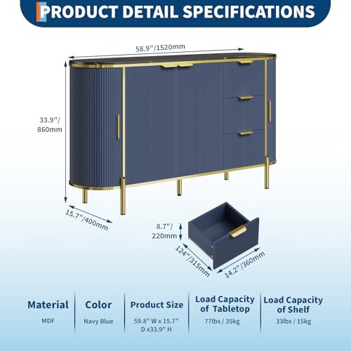 Sideboard Buffet Cabinet with Storage, 60 in Modern Fluted Credenza Storage Cabinet with Faux Marble Top, 2 Curved Profile Sliding Doors & 3 Drawers, Coffee Bar Accent Table for Livingroom- Navy Blue by Garvee - Image 2