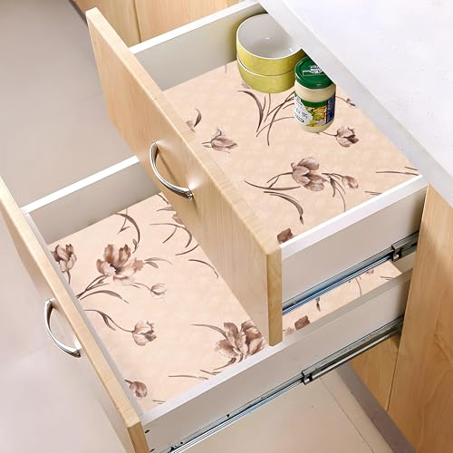 Image of Kuber Industries Pack of 2 Waterproof & Durable 5 Meterss Kitchen Mats for Shelf Liner Roll | Wipeable Fridge Sheets for Shelves Cabinet Drawer | Brown Flowers Print - Cream