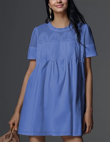 Image of Womens Summer Lace Mini Babydoll Dress Ruffled Collar Short Sleeve Loose Mesh Swing Elegant Flared Sundress