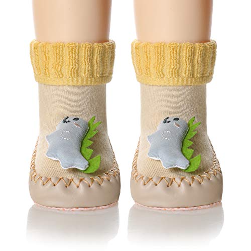 Baby Boy Girls Toddlers Cartoon Animal Moccasins Non-Skid Indoor Slipper Winter Warm Shoes Socks (6-12 Months, Yellow Dinosaur)