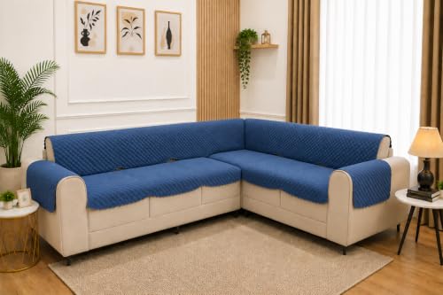 Image of 7 Seater L-Shape Sofa Cover with Arm Covers, Quilted Texture, Sectional Couch Protector for Living Room-Pack of 15 (Navy)